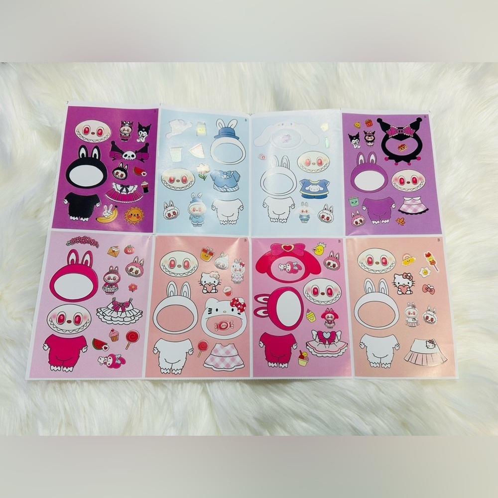 8 sheets of Colorful Labubu dress up Sticker in Sanrio characters